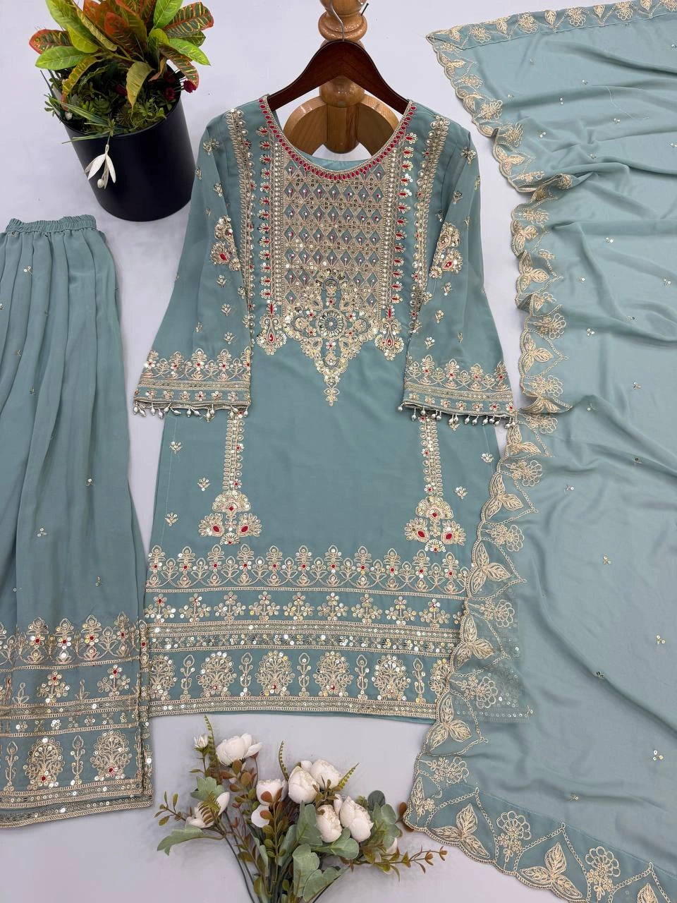 Sage Green Sequins Sharara Suit flat lay 11 – Kalyanja KU305
